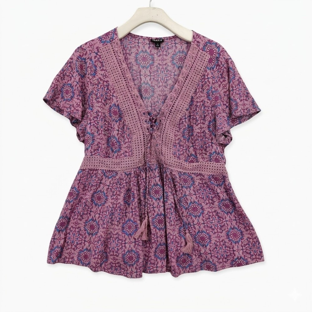 Torrid Womens Cottagecore Romantic Peplum Blouse 1X Purple Floral Lace Up Tassel